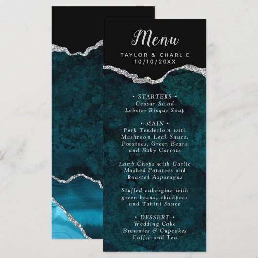 Teal Blue and Silver Agate Marble Wedding Menu (Voorkant / Achterkant)