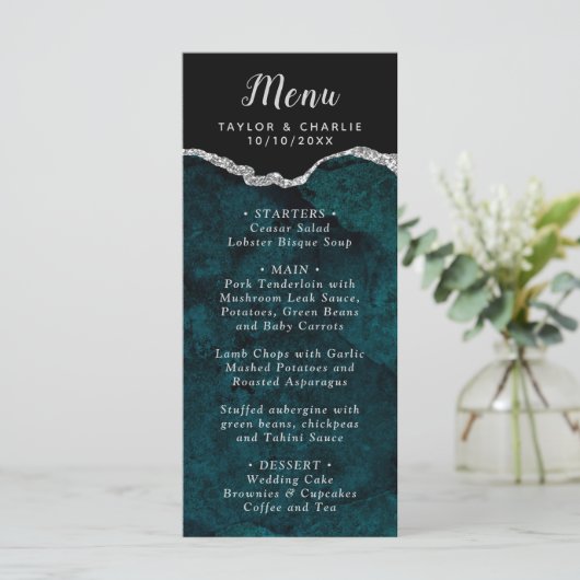 Teal Blue and Silver Agate Marble Wedding Menu (Staand voorkant)
