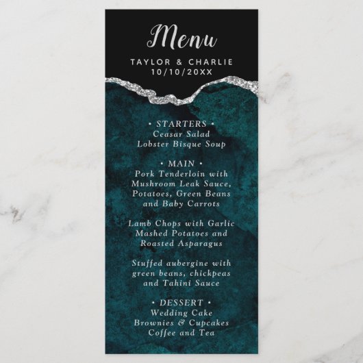 Teal Blue and Silver Agate Marble Wedding Menu (Voorkant)