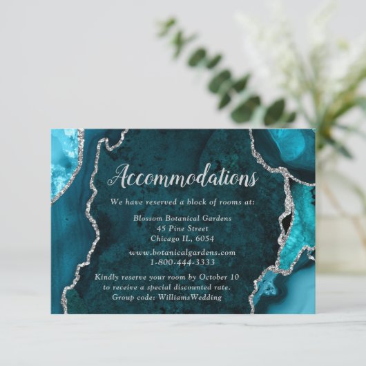 Teal Blue and Silver Agate Wedding Accommodations Informatiekaartje (Staand voorkant)