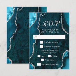 Teal Blue and Silver Agate Wedding Meal Choice RSVP Kaartje