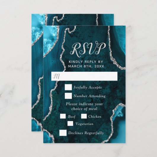 Teal Blue and Silver Agate Wedding Meal Choice RSVP Kaartje (Voorkant / Achterkant)