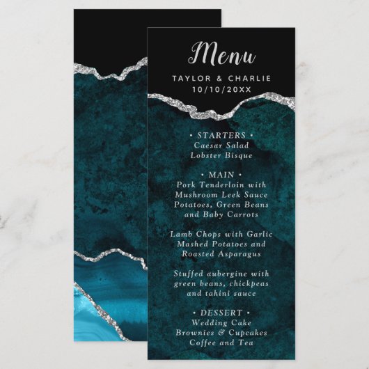 Teal Blue and Silver Agate Wedding Menu (Voorkant / Achterkant)