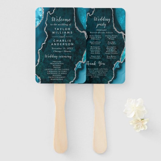Teal Blue and Silver Agate Wedding Program Handwaaier (Voorkant en achterkant)