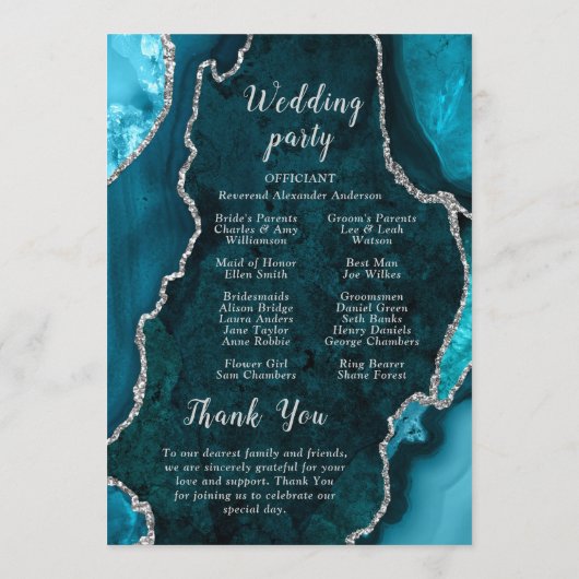 Teal Blue and Silver Agate Wedding Program Programmakaart (Achterkant)