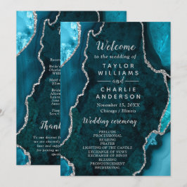 Teal Blue and Silver Agate Wedding Program Programmakaart