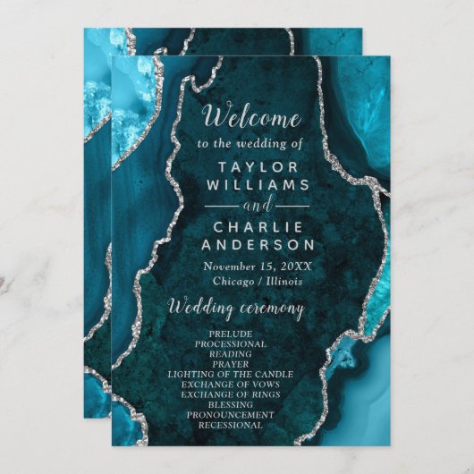 Teal Blue and Silver Agate Wedding Program Programmakaart (Voorkant / Achterkant)