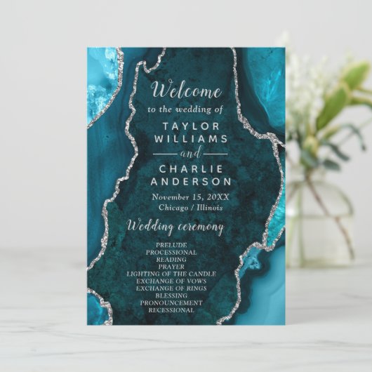 Teal Blue and Silver Agate Wedding Program Programmakaart (Staand voorkant)
