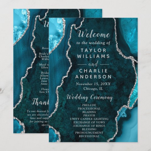 Teal Blue and Silver Agate Wedding Program Programmakaart (Voorkant / Achterkant)