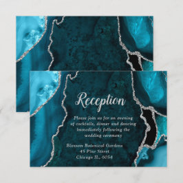 Teal Blue and Silver Agate Wedding Reception Informatiekaartje