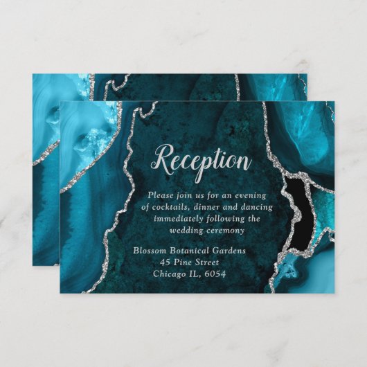 Teal Blue and Silver Agate Wedding Reception Informatiekaartje (Voorkant / Achterkant)