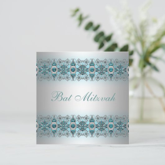 Teal Blue Bat Mitzvah Kaart (Staand voorkant)
