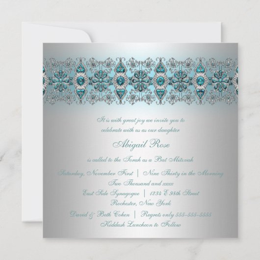 Teal Blue Bat Mitzvah Kaart (Achterkant)