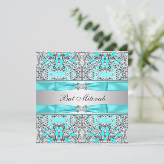 Teal Blue Bat Mitzvah Kaart (Staand voorkant)