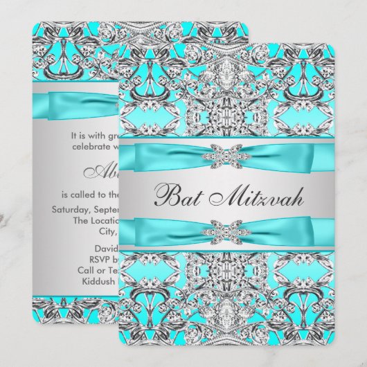 Teal Blue Bat Mitzvah Kaart (Voorkant / Achterkant)