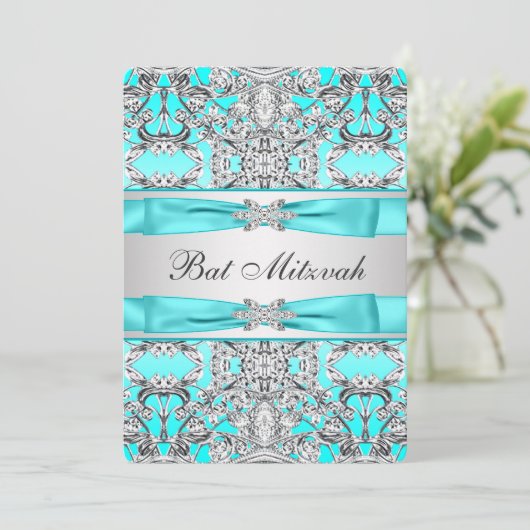 Teal Blue Bat Mitzvah Kaart (Staand voorkant)