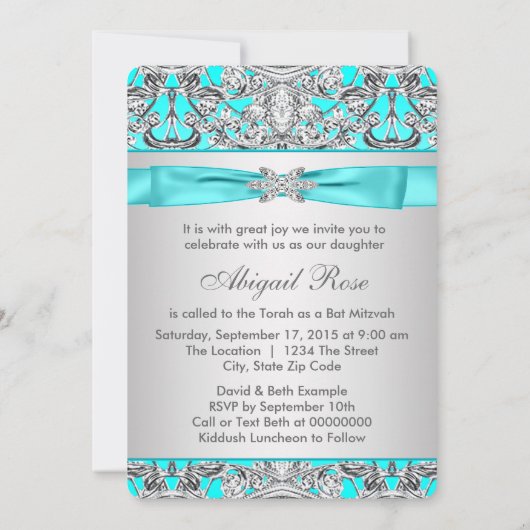 Teal Blue Bat Mitzvah Kaart (Achterkant)