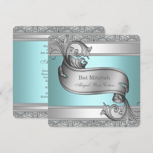Teal Blue Bat Mitzvah Kaart (Voorkant / Achterkant)