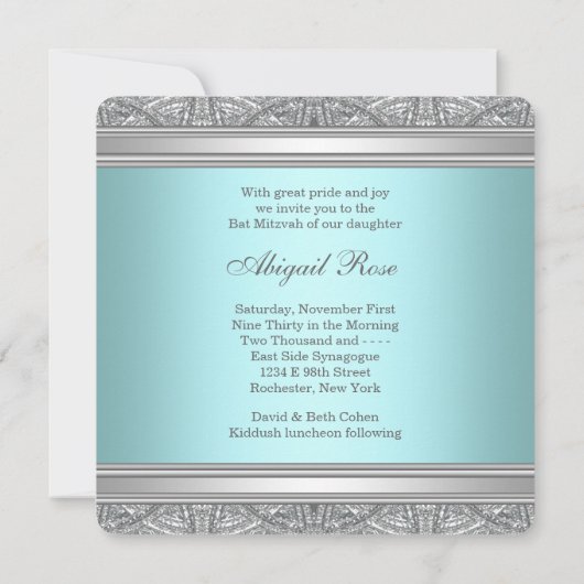 Teal Blue Bat Mitzvah Kaart (Achterkant)