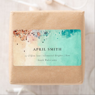 TEAL BLUE BEACH SAND ROCK WATERCOLOR ADDRESS ETIKET