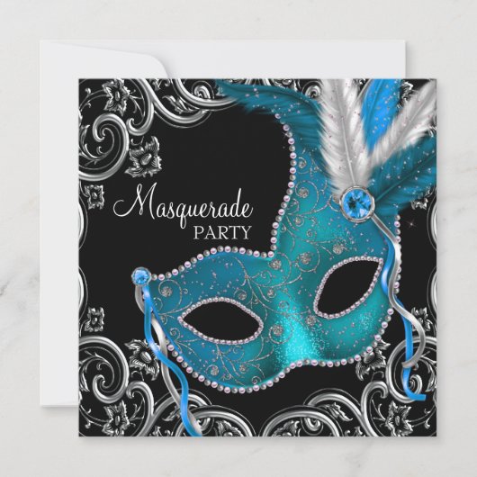 Teal Blue Black Maskerade Feest Kaart (Voorkant)