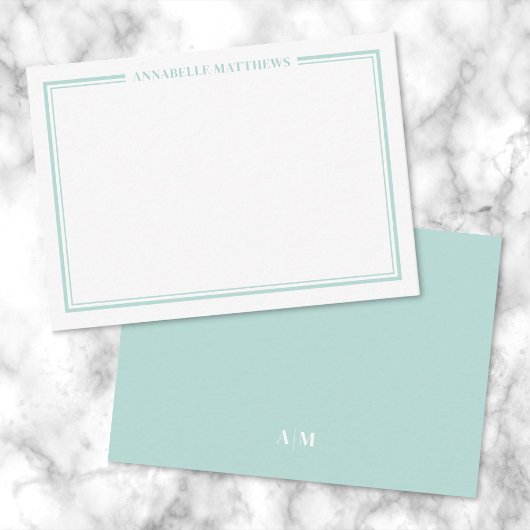 Teal Blue Border Minimalist Name Monogram Notitiekaartje