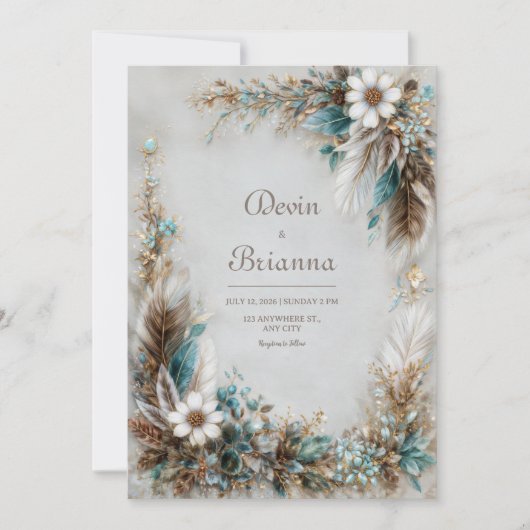 Teal Blue Brown Feather White Floral Wedding Kaart (Voorkant)
