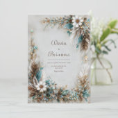 Teal Blue Brown Feather White Floral Wedding Kaart (Staand voorkant)