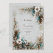 Teal Blue Brown Feather White Floral Wedding Kaart (Voorkant / Achterkant)