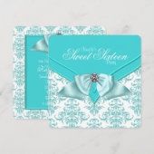 Teal Blue Damask Sweet 16 Feest Kaart (Voorkant / Achterkant)
