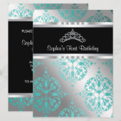Teal Blue Damast Tiara Prinses Eerste Verjaardag P Kaart (Voorkant / Achterkant)