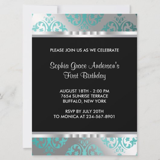 Teal Blue Damast Tiara Prinses Eerste Verjaardag P Kaart (Achterkant)