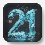 Teal Blue Diamond Crystal 21st Birthday Black Papieren Bordje (Voorkant)