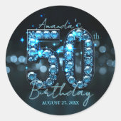 Teal Blue Diamonds & Black Glamorous 50th Birthday Ronde Sticker (Voorkant)