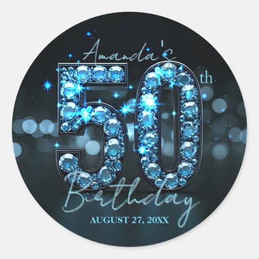 Teal Blue Diamonds & Black Glamorous 50th Birthday Ronde Sticker (Voorkant)