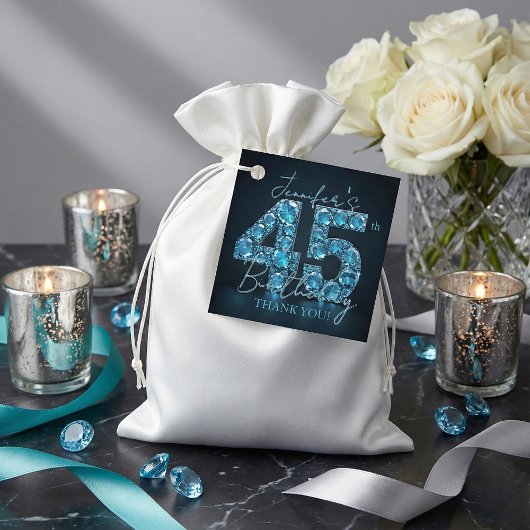 Teal Blue Diamonds Glam 45th Birthday Party Bedankjes Labels