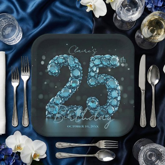 Teal Blue Diamonds Glamorous 25th Birthday Party Papieren Bordje