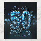 Teal Blue Diamonds Glamorous 50th Birthday Wijn Etiket (Enkel label)