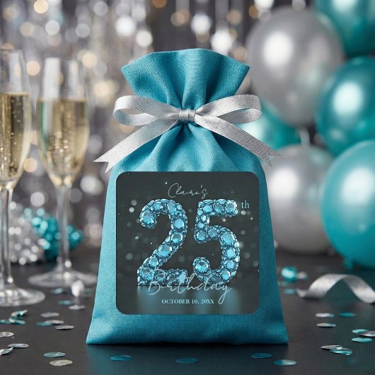 Teal Blue Diamonds Glamour 25th Birthday Party Vierkante Sticker