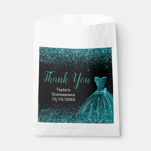Teal Blue Dress Faux Glitter Quinceanera Bedankzakje (Voorkant)