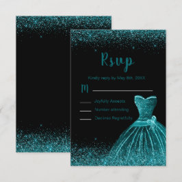 Teal Blue Dress Faux Glitter Quinceanera RSVP Kaartje