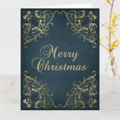 Teal Blue Faux Gold Ornate Border Merry Christmas Kaart (Gele Bloem)