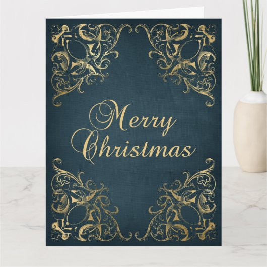 Teal Blue Faux Gold Ornate Border Merry Christmas Kaart (Voorkant)
