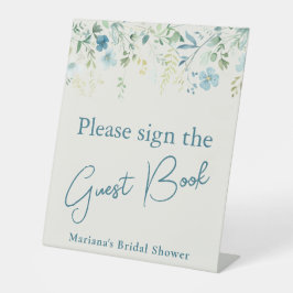 Teal Blue Floral Ivory Bridal Shower Guest Book Reclamebord Met Voetstuk