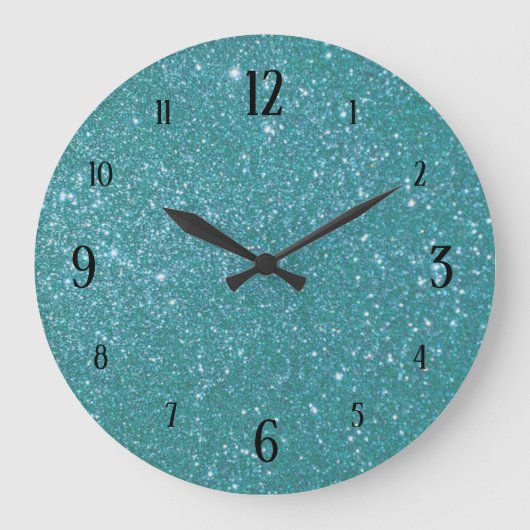 Teal Blue Glitter Glam with Black Numbers Grote Klok (Voorkant)