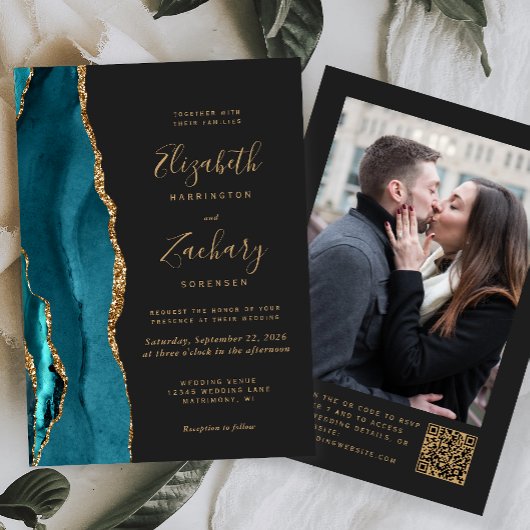 Teal Blue Gold Agate Dark Photo QR Code Wedding Kaart