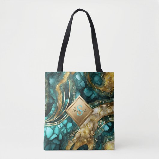 Teal Blue Gold Agate Geode Marble Monogram Name Tote Bag (Voorkant)