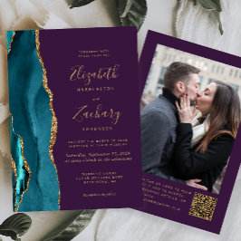Teal Blue Gold Agate Purple Photo QR Code Wedding Kaart
