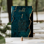 Teal Blue Gold Agate Wedding Kaart<br><div class="desc">This elegant modern wedding table number card features a teal blue watercolor agate background trimmed with faux gold glitter. The word "table" appears in gold-colored handwriting script. Add the names of your guests who are assigned to each table.</div>