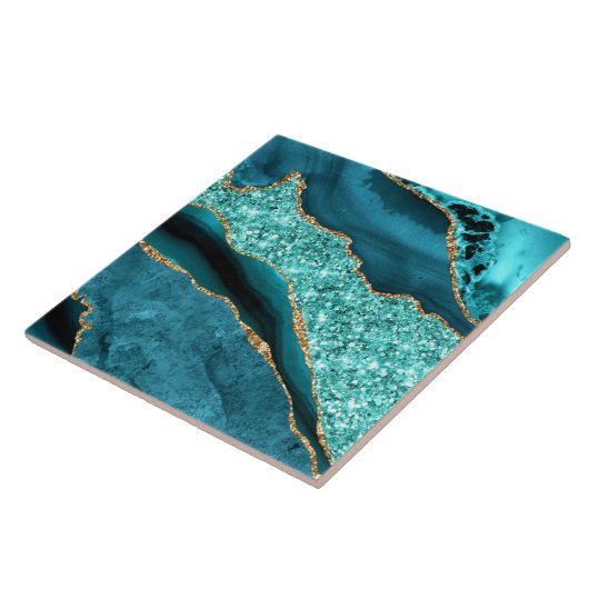Teal Blue Gold Glitter Marble Ceramic Tile Tegeltje (Zijkant)